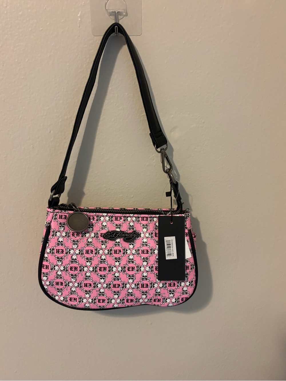 Ed Hardy Pink Logo Print Mini Shoulder Bag with Black Strap